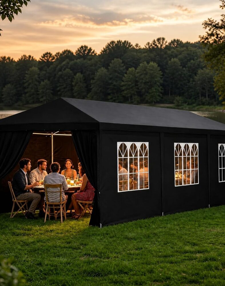 Wedding Party Tent 10x30 with 8 Removable Sidewalls for Receptions | 90g PE waterproof canopy for outdoor weddings. 8 sidewalls with transparent windows. Powder-coated frame, stakes included.