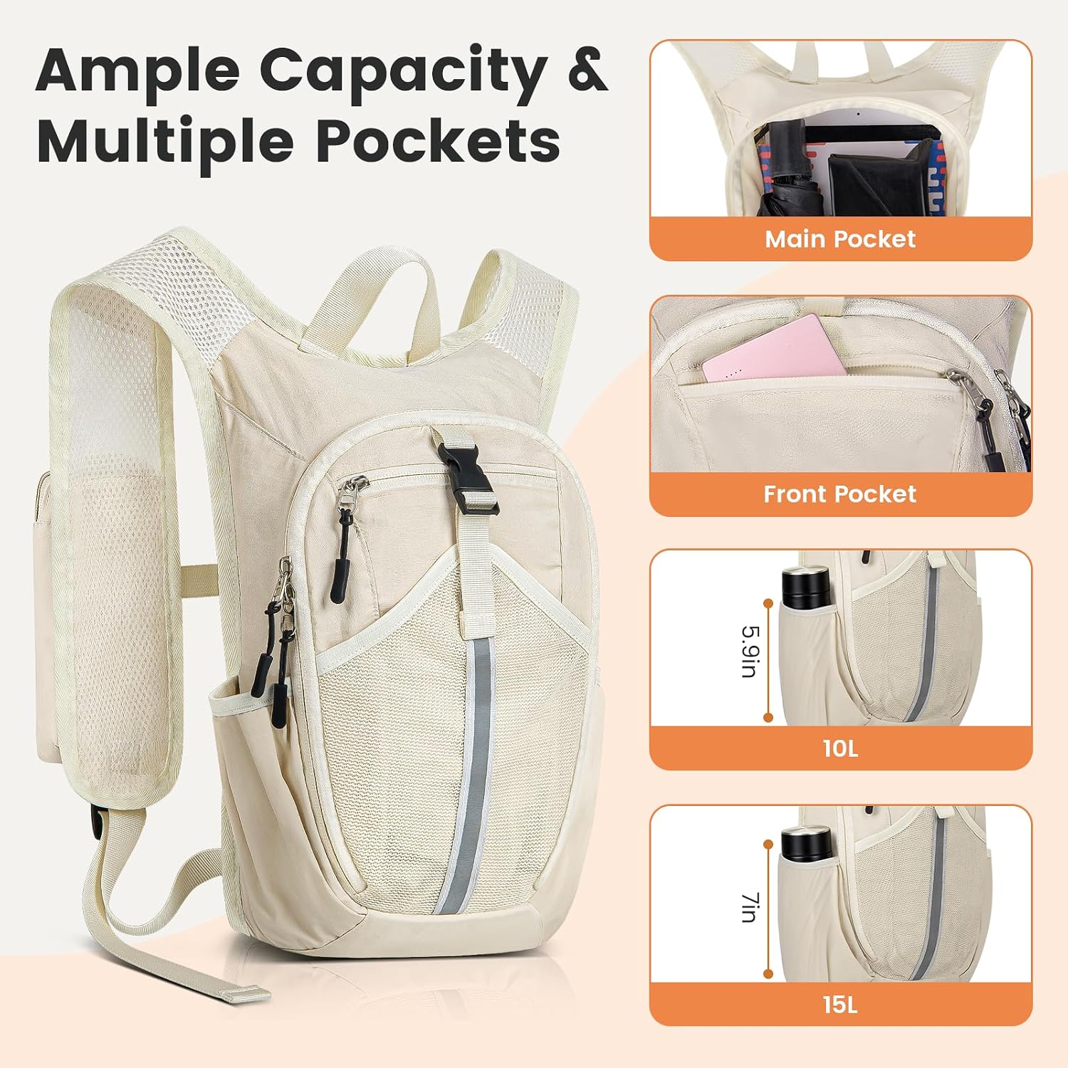 Small Hiking Backpack 10L- Lightweight Packable Foldable Backpack for Travel Camping Outdoor Commute, Compact Rucksack for Women Men(Beige) - Image 2