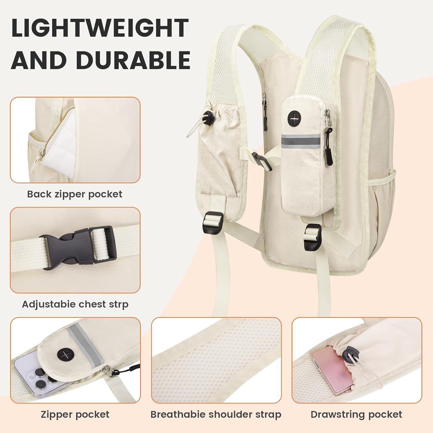 Small Hiking Backpack 10L- Lightweight Packable Foldable Backpack for Travel Camping Outdoor Commute, Compact Rucksack for Women Men(Beige) - Image 3
