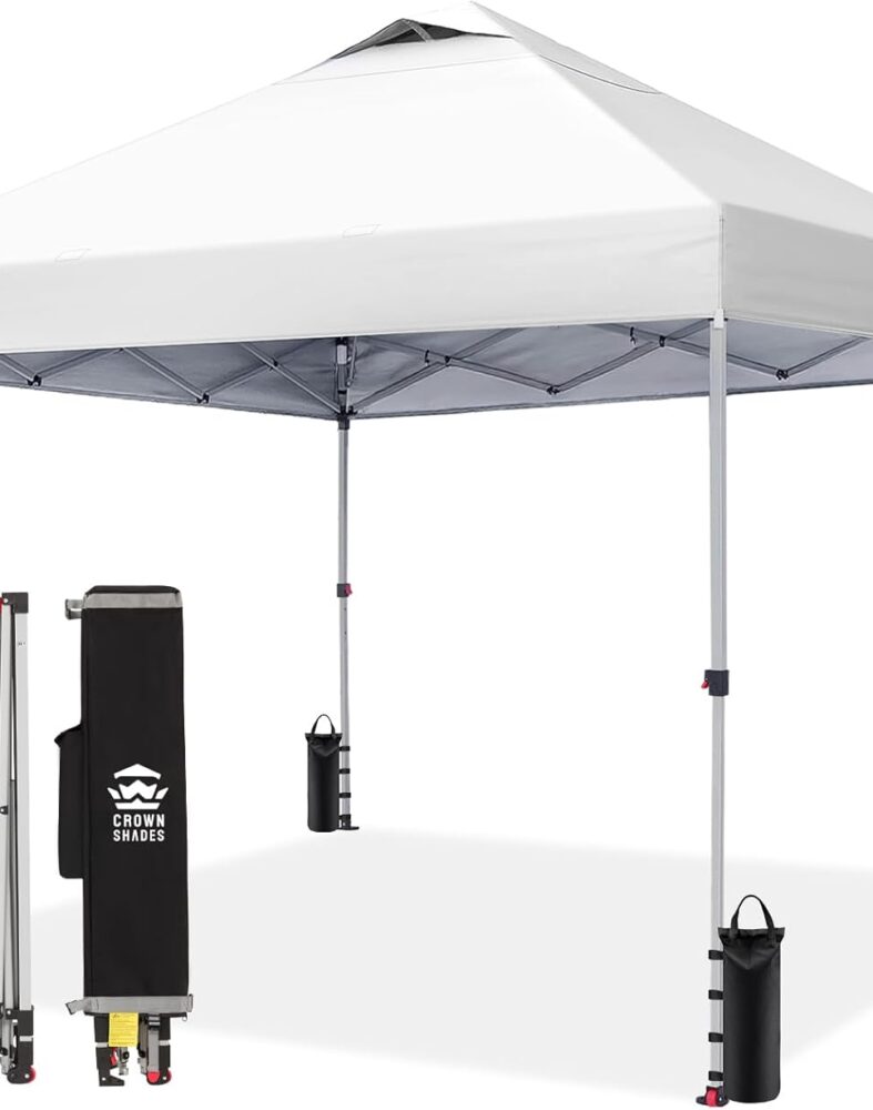 CROWN SHADES 10x10 Pop Up Canopy Tent with One Push Setup, Grid White | Patented CenterLok, Easy Outdoor Sun Shade for Events, Parties, Camping - Gazebo with STO-N-Go Cover Bag, Silver-Coated Top