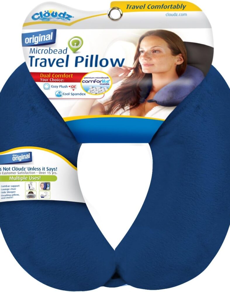 Cloudz Dual Comfort Microbead Airplane Travel Neck Pillow. Super Soft Cozy Plush Fabric on One Side, Cool Relaxing Spandex on the Other! Customize Your Comfort and Support at Home or On the Go!- Blue